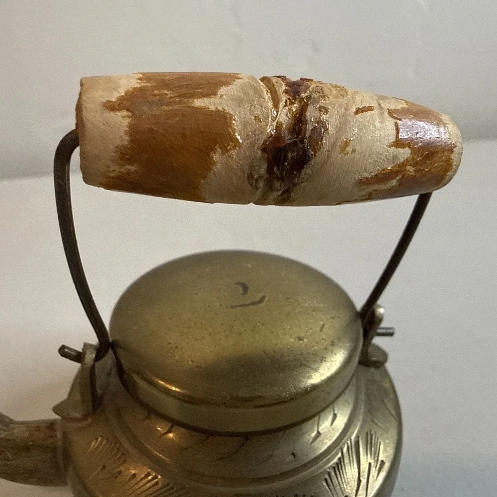 Vintage Miniature Brass Teapot Etched Wood Handle Dollhouse Collectible India
